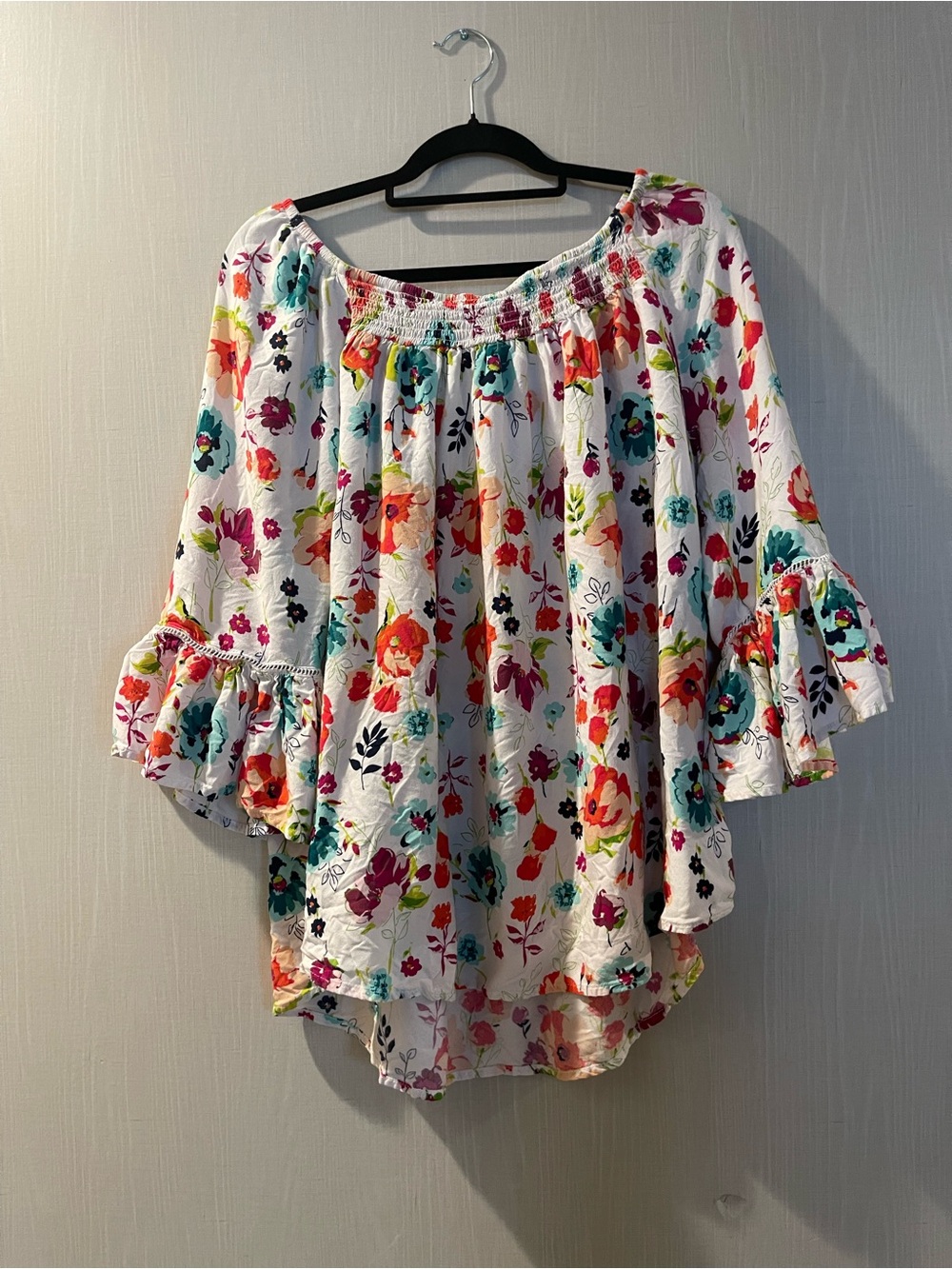 Terra & Sky White Floral Off-Shoulder Tunic with Multicolor Blooms